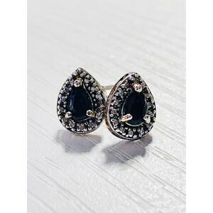 VINTAGE Signed 925 Sterling Silver Pear Blue Stone Stud Earrings Halo Setting